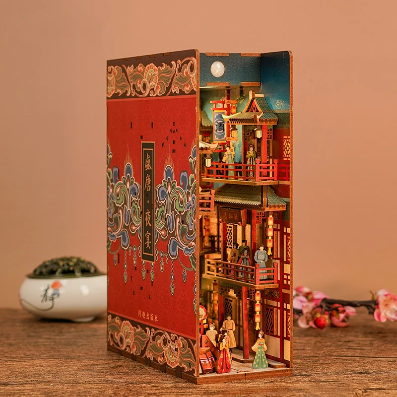 DIY Book Nook Insert Shelf Kits Wooden Miniature Building Kit Tang Dynasty Dinner Party Bookend Assembled Bookshelf Home Decor