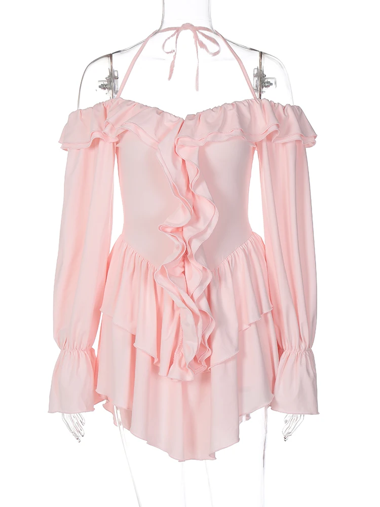 Hugcitar printemps élégant volants solide manches longues évasées Sexy plissé Mini robe femmes décontracté Y2K vêtements fête d'anniversaire vacances