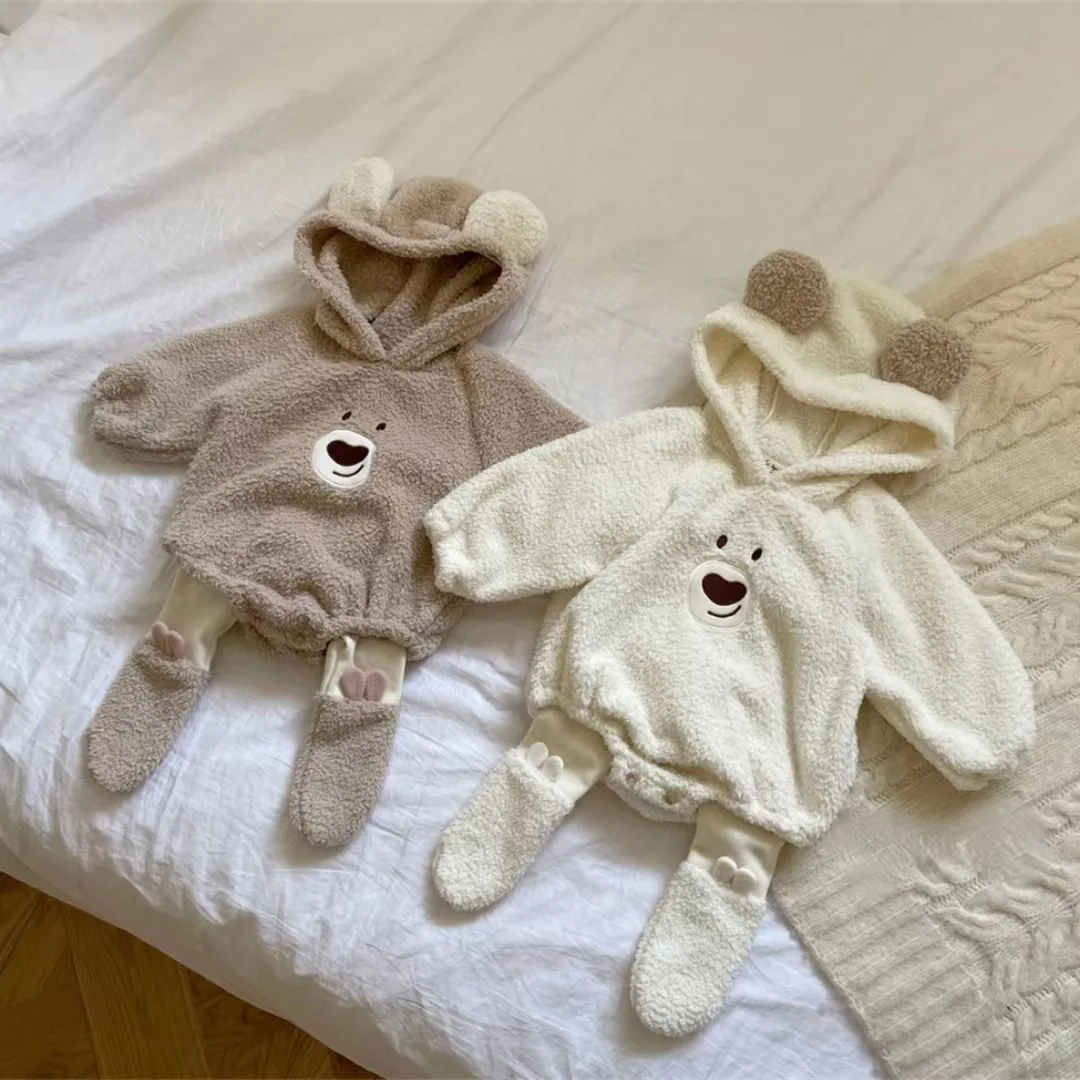 Korean Style Baby Bear Plush Long Sleeve Bootie Onesie Soft Coral Fleece Hooded Crawling Suit for Infants And Toddlers