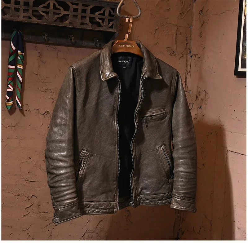 YR!Wholesales.Luxury men biker tanned sheepskin jacket.quality slim vintage genuine leather coat.fashion clothes.Soft