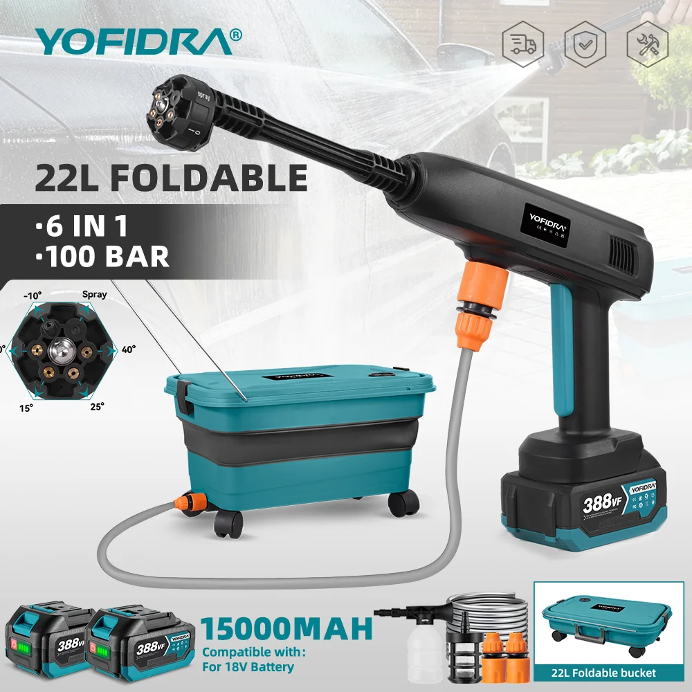 YOFIDRA 100Bar High Pressure Car Washer Gun Portable 22L Foldable Water Tank Cleaner Garden Spray Gun For Makita 18V Battery Pin