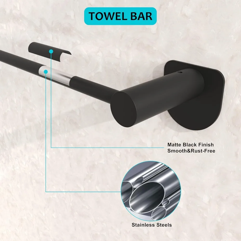 مجموعة أدوات الحمام الكاملة المكونة من 10 قطع باللون الأسود غير اللامع مع قضبان المناشف والخواتم والخطافات لديكور المنزل الحديث
