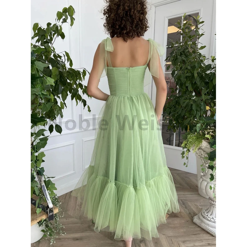 Halter Tea-Length Prom Dresses A-LINE Pleat Tulle Formal Gowns Customize