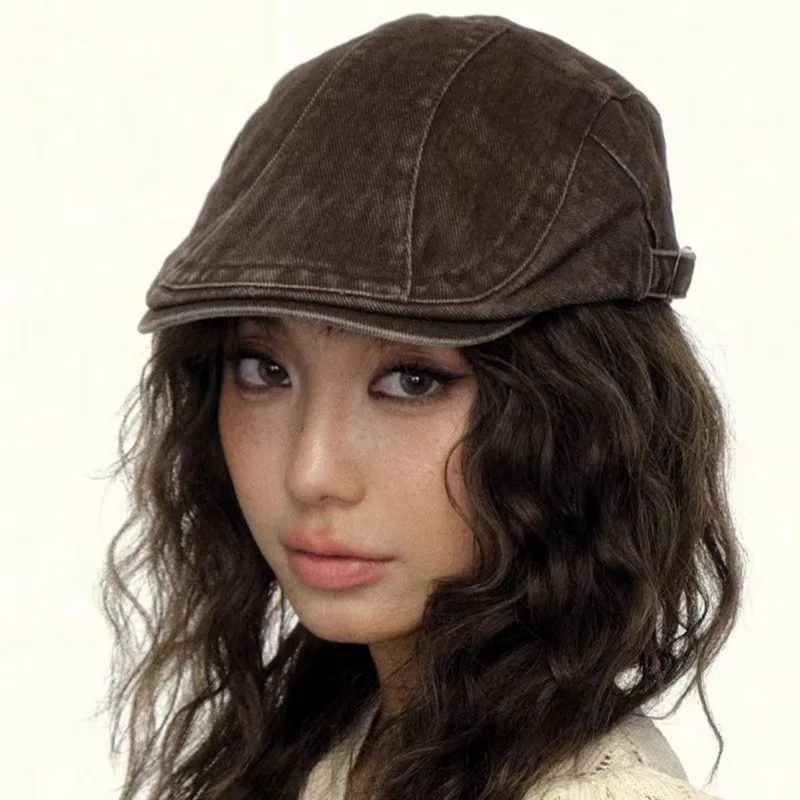 

2025 American Retro Brown Washed Old Cowboy Forward Hat Women New Spice Girl Berets Girls Y2k Newsboy Cap Painter Hat Wholesale