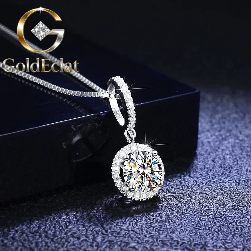 

GoldEclat Real Platinum Jewelry: 1 Carat Moissanite Diamond Pendant, Round Bag Snow Design, Clavicle Chain for Women's Wedding