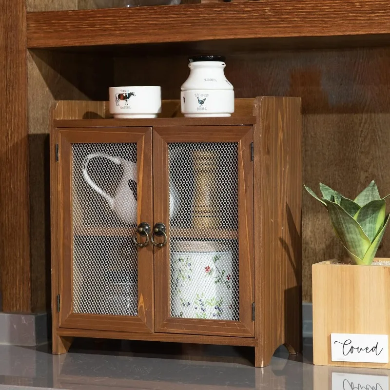 Storage Cabinet, Mini Countertop Cabinet, Wood Organizer for Kitchen Living Room Bedroom Bathroom Office with Magnetic Door