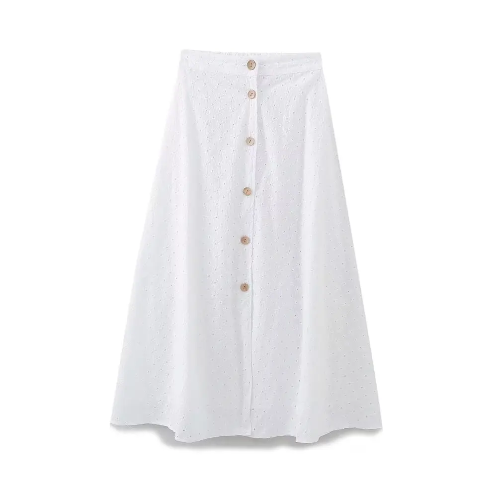 Dave&Di French Skirt Country Style Embroidery Hollow Single-Breasted High Waist Midi Female Causal Skirt Women