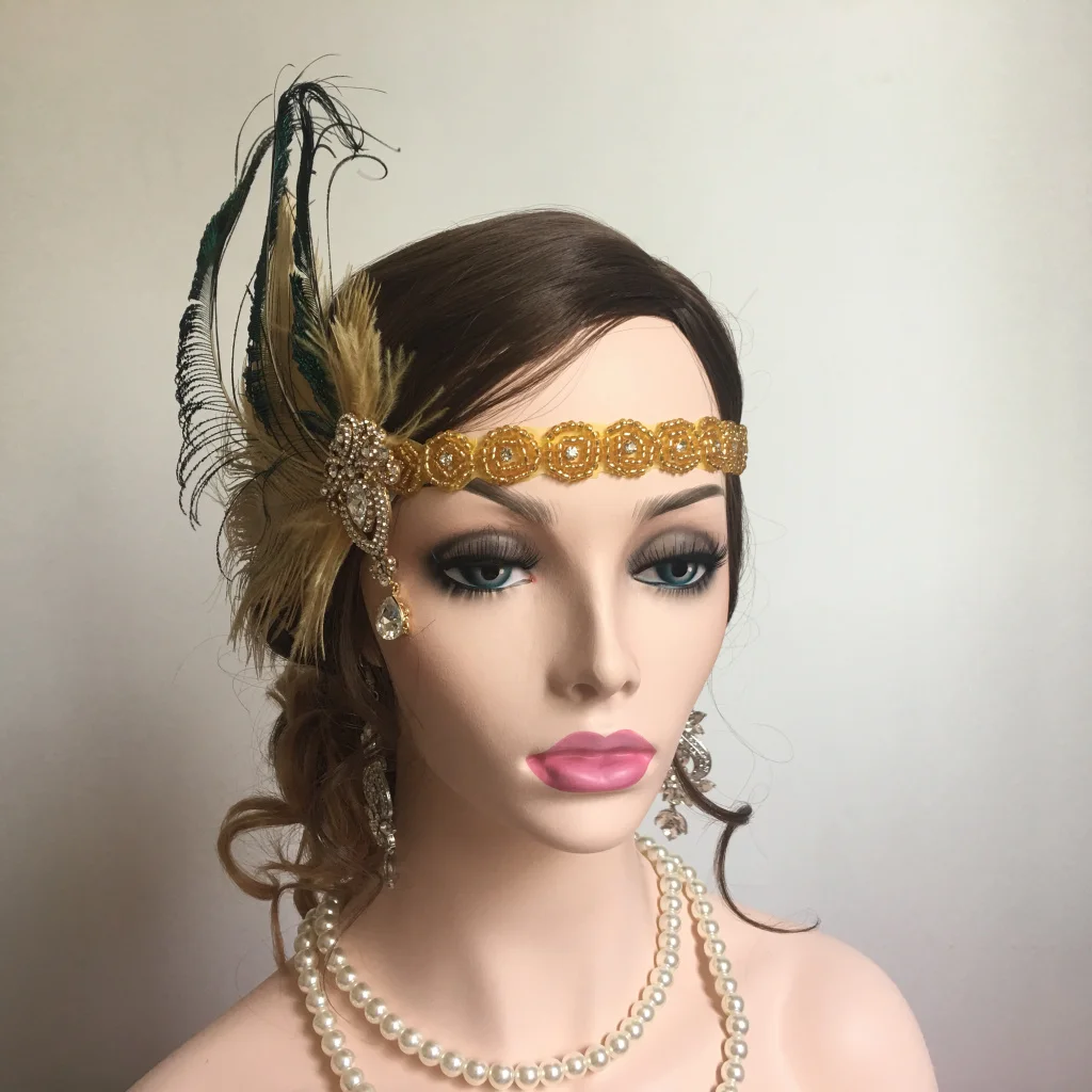 Women Vintage Gold Feather Headband Shiny Crystal Beads Lace Band 1920s Gatsby Charleston Party Headpiece Forehead Decorations