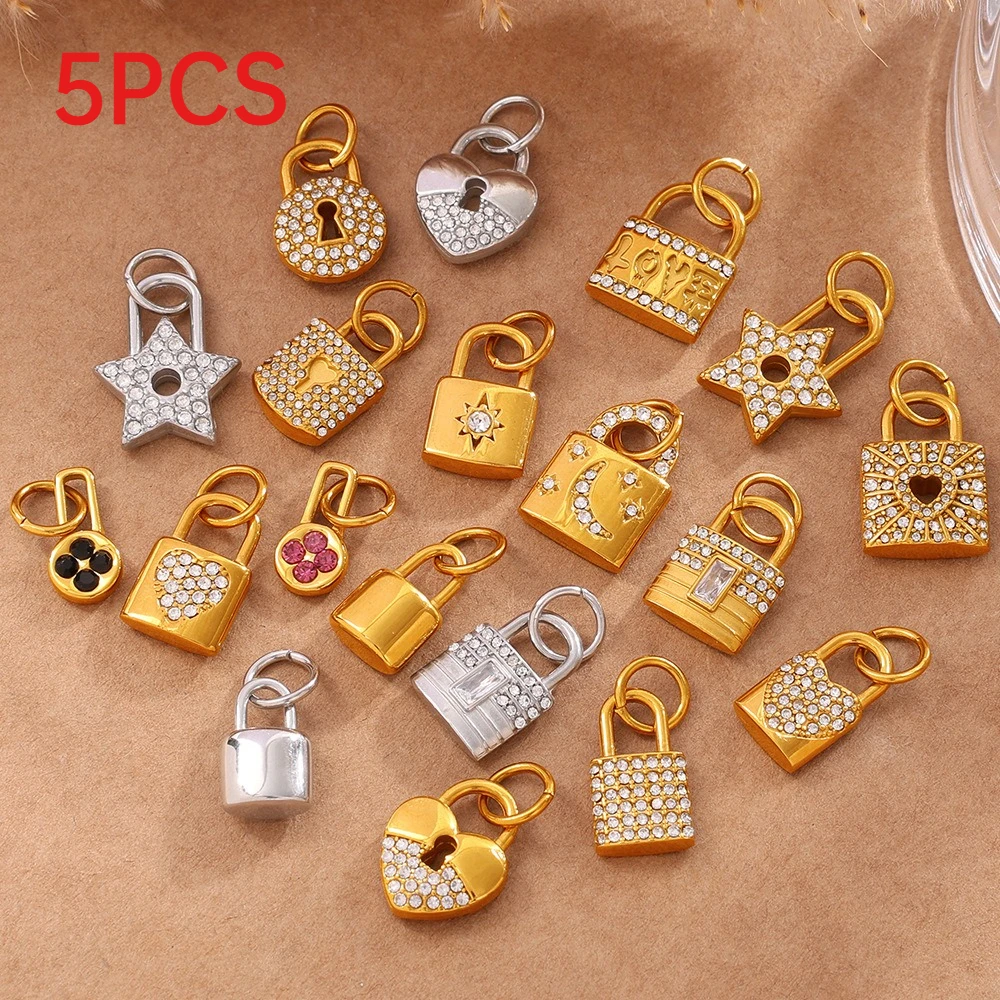 5Pcs Luxury Rhinestone Lock Shaped Charms Stainless Steel All Match DIY Pendants Jewelry Making Accessories