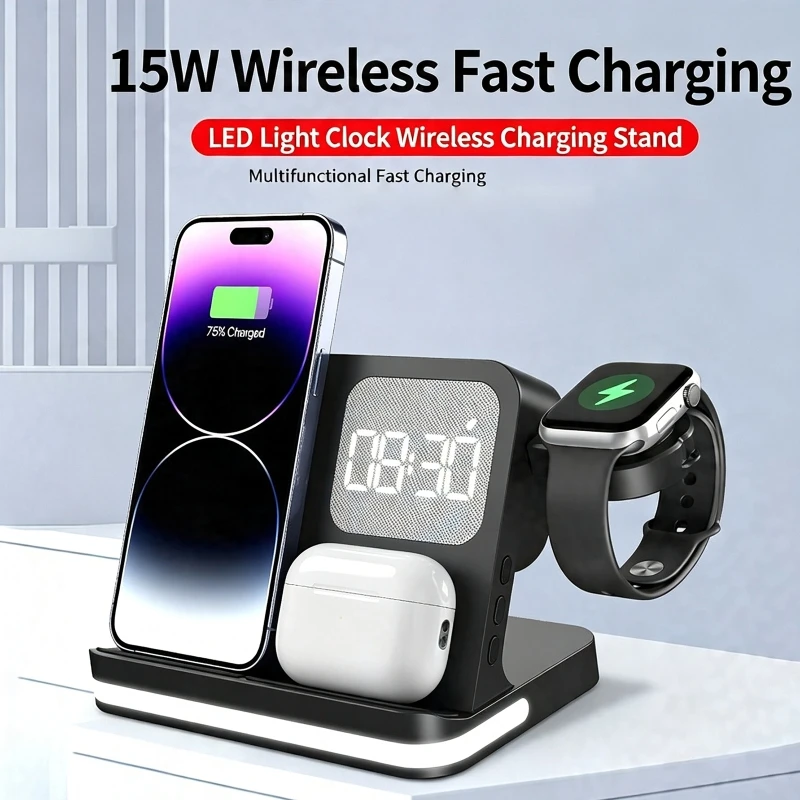 4-in-1 Multifunctional Wireless Clock Charger with LED Night Light Fast Charging Station for Mobile Phone Headphones and Watches