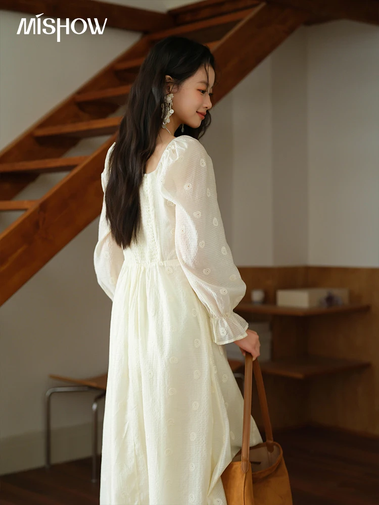 MISHOW Women's Cashew Flower Embroidered Dress 2025 Autumn V-neck Drawstring Long Sleeves Ladies Elegant Slim Dresses MXE41L2387