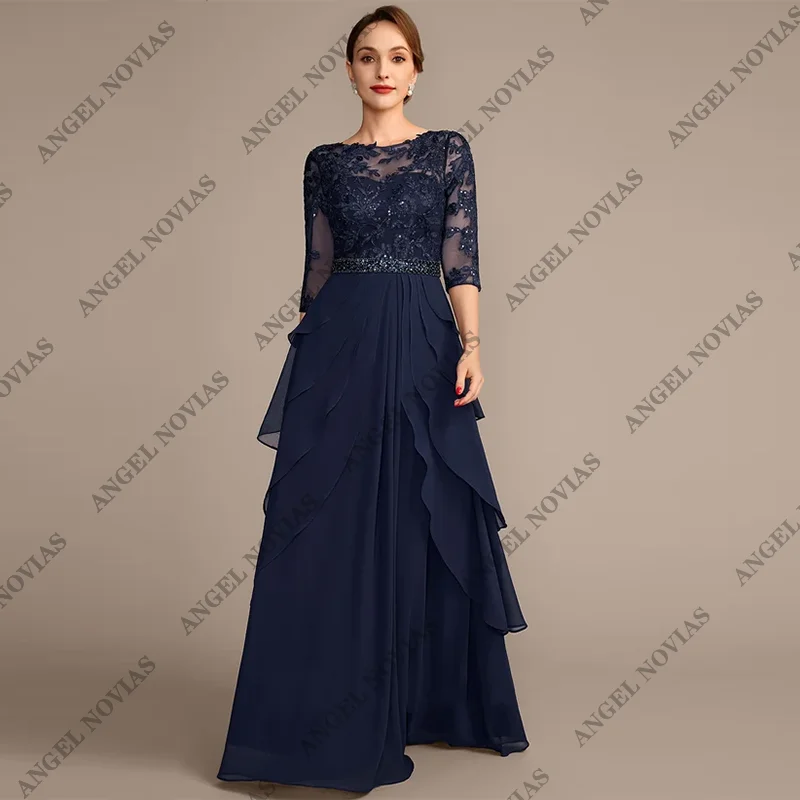

Customized Long Tiered Layers Navy Blue Mother of the Bride Dresses Evening Party Gowns Appliques Vestido De Festa De Casamento