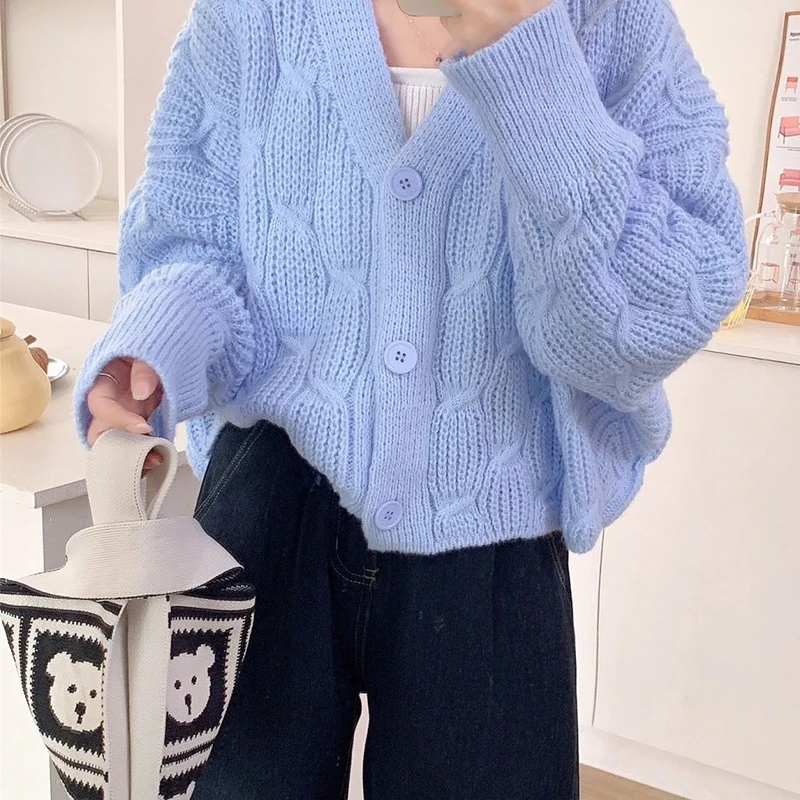 Rimocy Korean Fashion Cropped Cardigans Women Sweet Candy Colors V Neck Cardigan Coats Woman Long Sleeve Knitted Sweater Coat