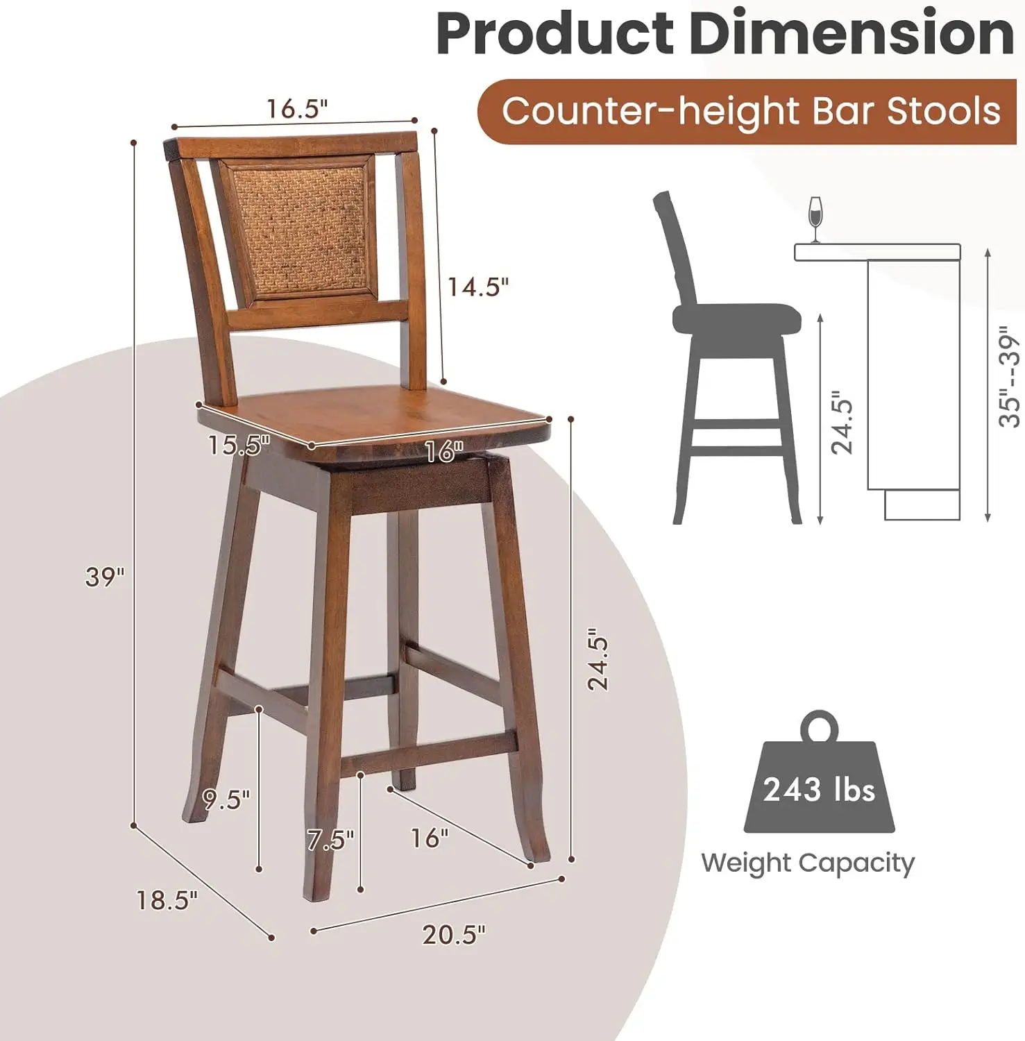 Costway Bar Stools Set Of 4, 24.5 Inch Counter Height Bar Stool With Rattan Back, 360°Swivel Seat, Comfortable Footrests,