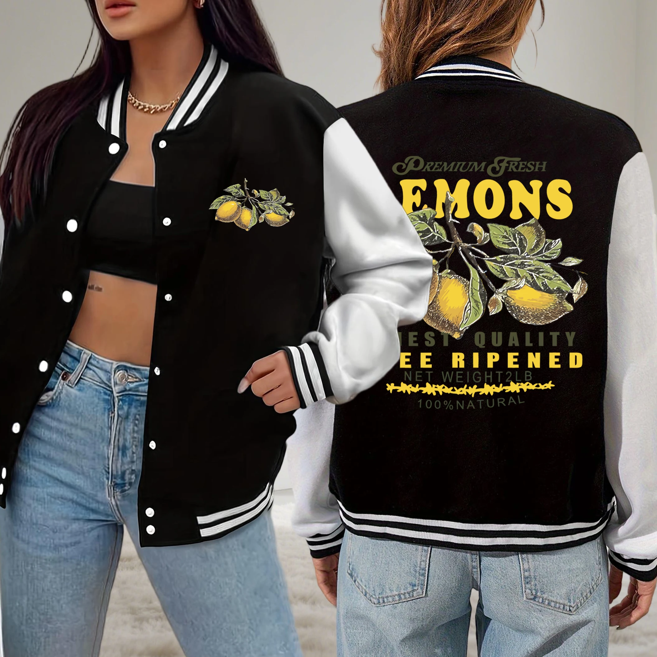 

Premium Fresh Lemons Fruit Printed Jacket Women Trendy Loose Baseball Uniform Hip Hop Casual Sportswear All-Match Fleece Clothes
