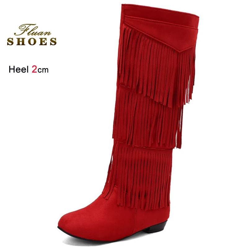 

Красные осенне-зимние женские рыцарские сапоги, модные сапоги до колена с бахромой и кисточками, повседневные длинные сапоги из флока с круглым носком на низком каблуке