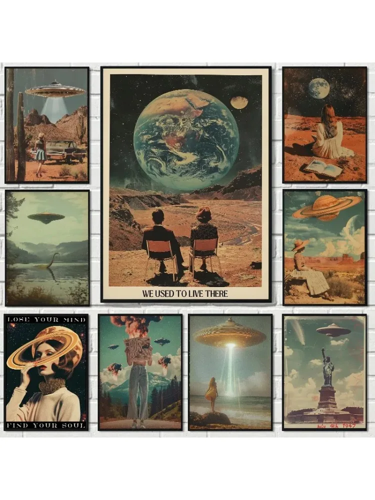 Surreales Kosmos-Weltraum-UFO-Science-Fiction-Poster, Vintage-Astronauten-Alien-Wüsten-Leinwandgemälde, Trendige Wandkunst für Wohnzimmer und Heimdekoration
