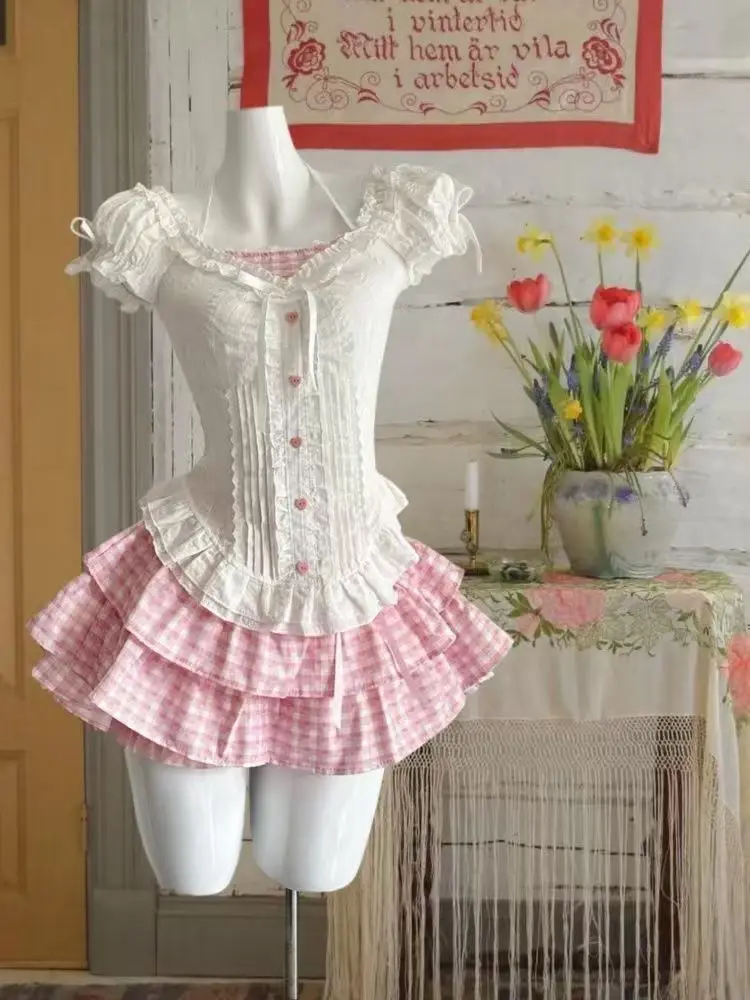 

Summer Sweet Warm Patchwork 2-piece Set Women Design Elegant Slim Bow Warm T-Shirts Kawaii High-waist Lovely Pink Plaid Skirt