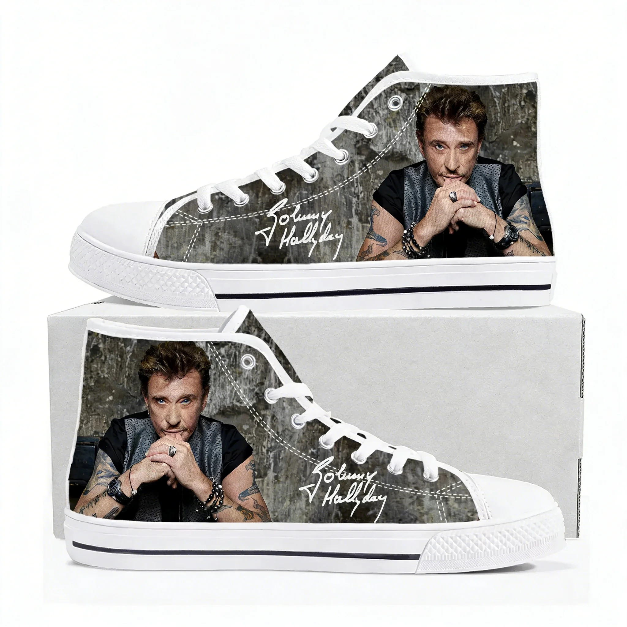 

Johnny Hallyday High Top Shoes Men Women Teenager Canvas Sneaker High Quality Sneakers Couple Footwear Custom Shoe White
