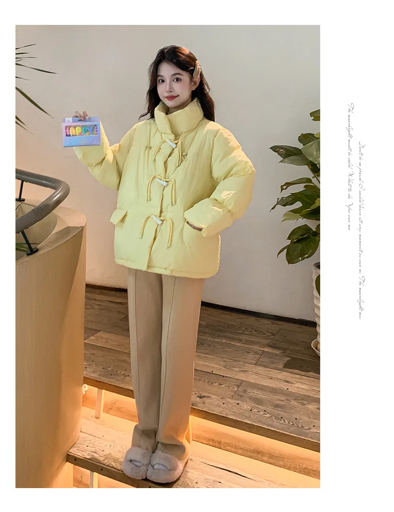 Korean Sweet Short Down Cotton Jacket for Women Stand Collar Toggle Button Puffer Parkas Woman Loose Candy Color Padded Jacket