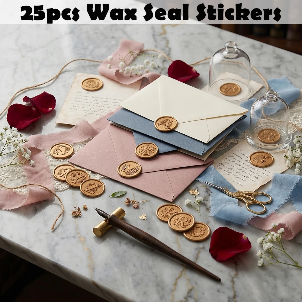 25Pcs Initial Alphabet Self-Adhesive Wax Seal Stickers Gold Envelope Seals for Wedding Party Birthday Invitation Envelope Decor