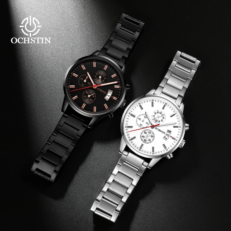 

OCHSTIN Кожаный/стальной браслет, многофункциональные кварцевые часы с минеральным закаленным стеклом, календарем, классические деловые наручные часы