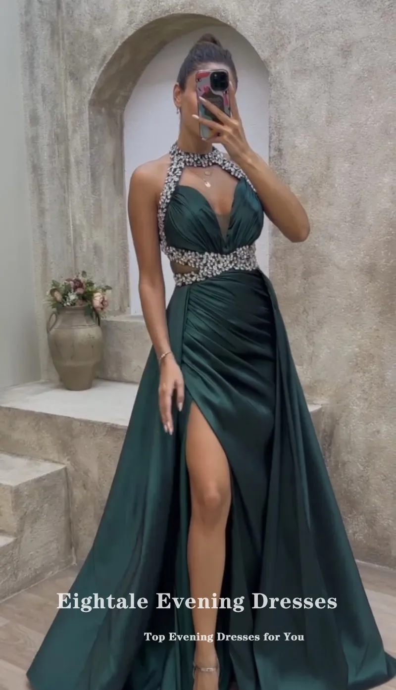 Eightale Dark Green Evening Dress Satin Halter Beaded with Crystals Formal Arabic Prom Gown Wedding Party Dress Vestidos De Noch