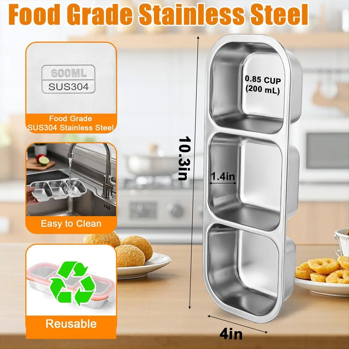 Stainless Steel Snack Containers with Lids,Metal Snack Containers, 3 Compartment Food Container,Reusable Snack Container &LICG