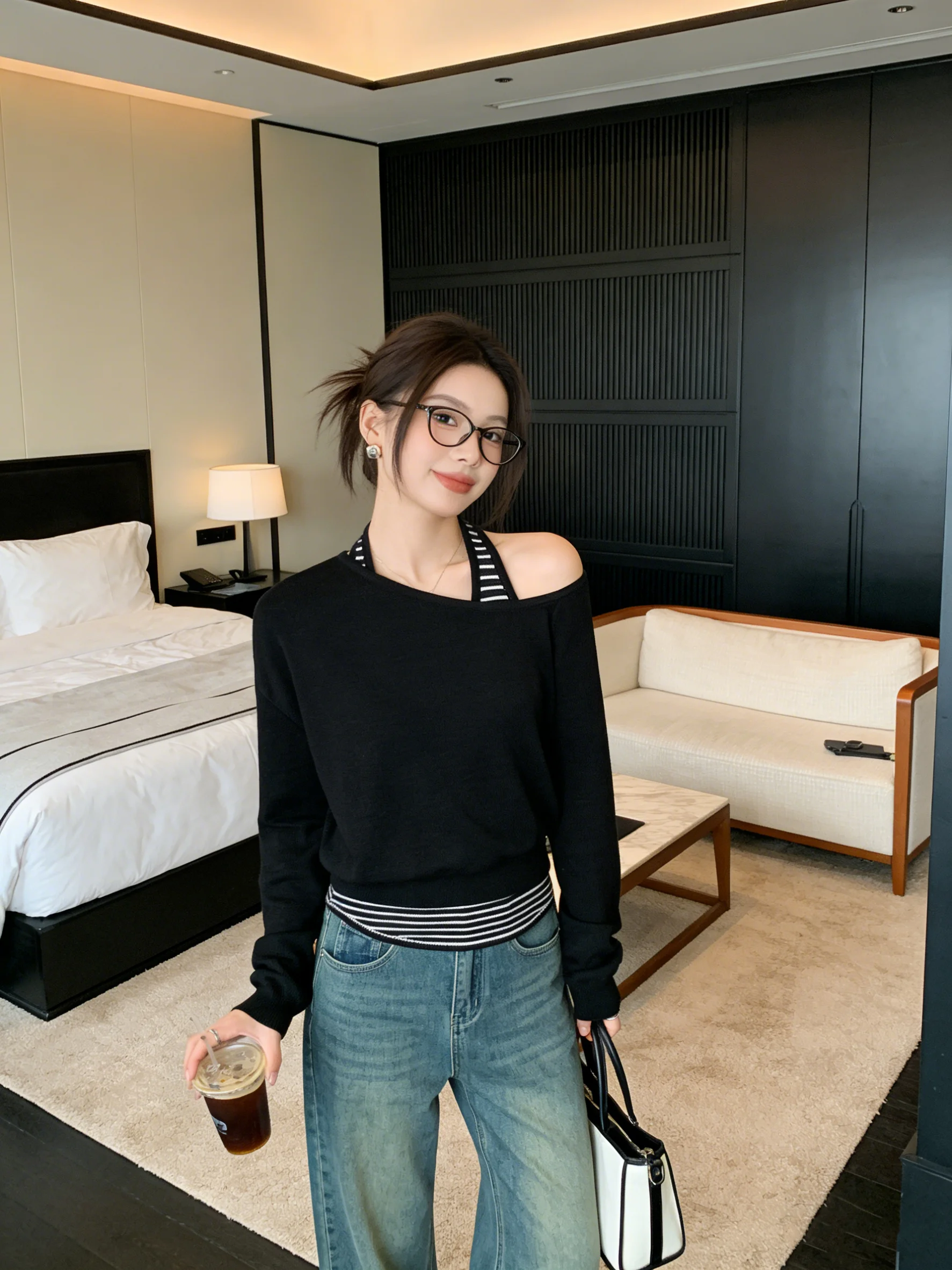 

Вязаный свитер с открытыми плечами и дизайнерским вырезом, женский модный комплект из двух предметов для весны и осени, дышащий, удобный, в корейском стиле