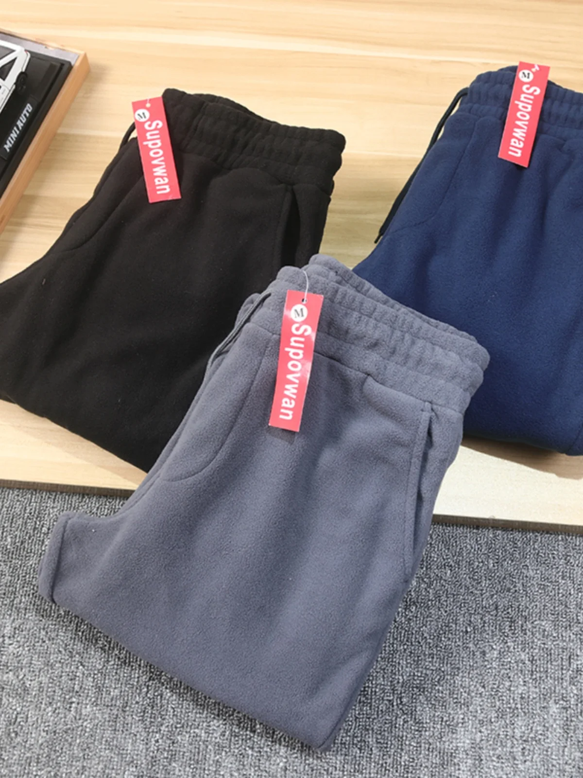 

Men's Warm Fce Lined Elastic Waist Casual Pants Autumn Winter Spor Versatile Loose Fit Long Straight Leg Trousers