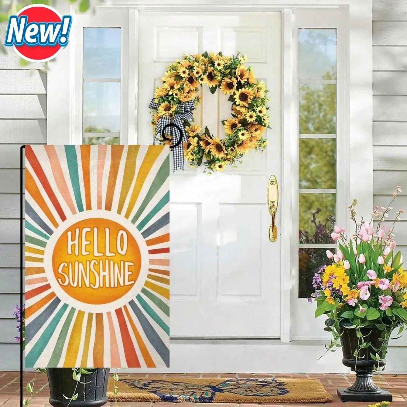 

Флаг для сада «Привет, Солнце»: Двусторонний, с цветочным узором в стиле фермерского дома и текстурой мешковины, вертикальный, для улицы, с декором в виде бабочек, для крыльца