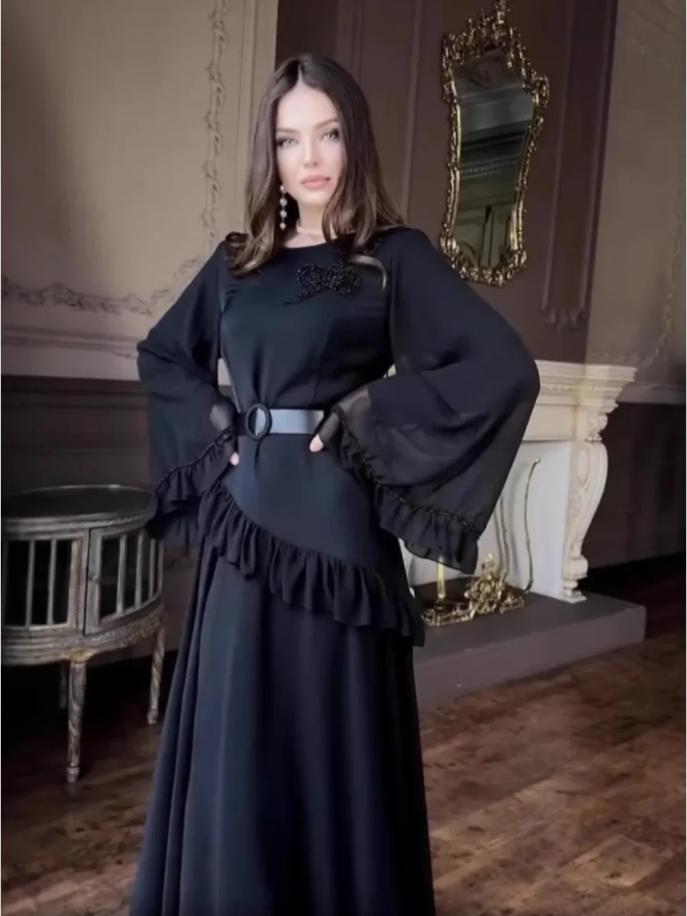 Eid Women Dress Muslim Autumn Ruffle Abaya Dubai Vestidos Largos Long Dresses Kaftan Arab Robe Party Caftan Jalabiya Ramadan