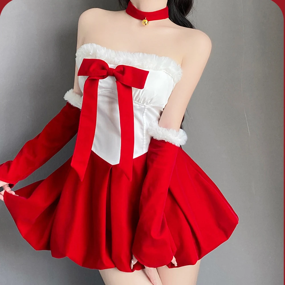 

Женское бархатное платье-труба в стиле Лолиты с кроликом для девочек Санта-Клауса, милое униформа с бантом и лентой, сексуальный костюм горничной, нарядное платье для новогодней вечеринки