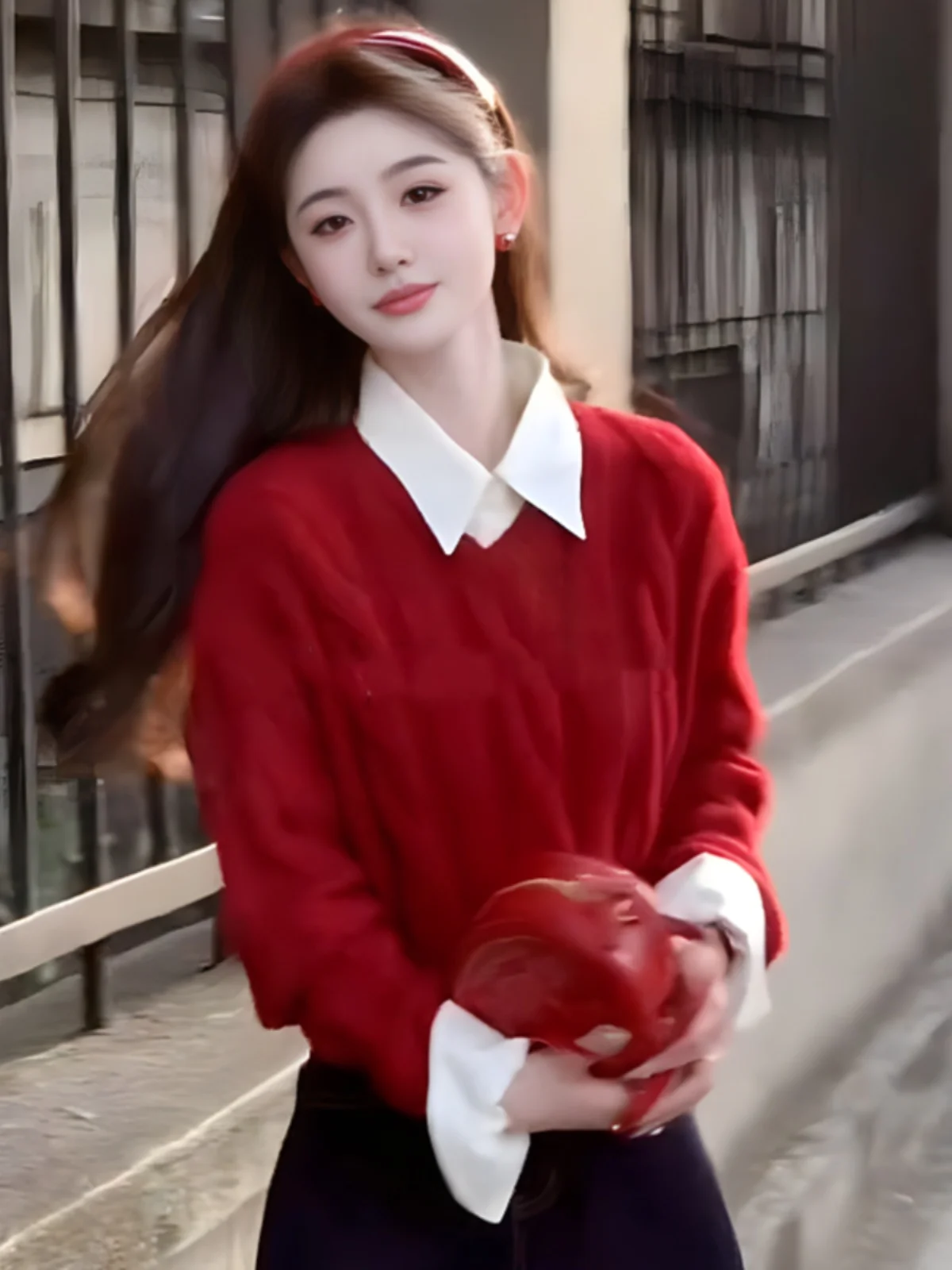 Red Knitted Sweater Women's ort Sve Long Sve Autumn Winter New Sle Faionable High-End Feeling Two-Piece Set Design