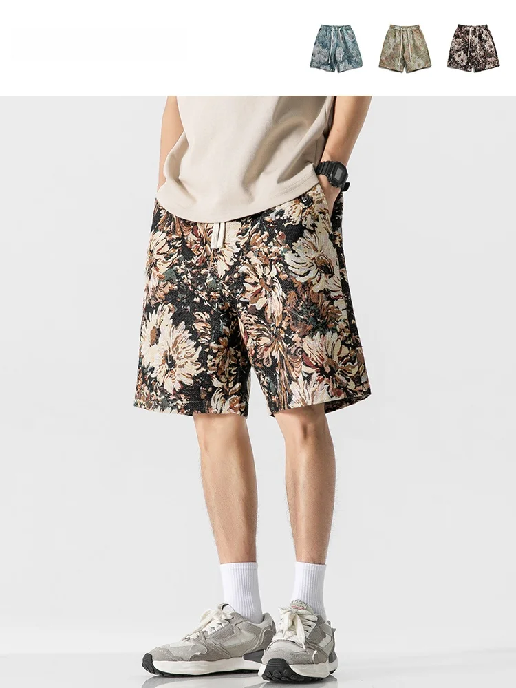 

American Retro Floral Embroidered Sports orts Men's Loose Wide Leg Casual Versatile Five-Quarter Length Youth Summer Faion