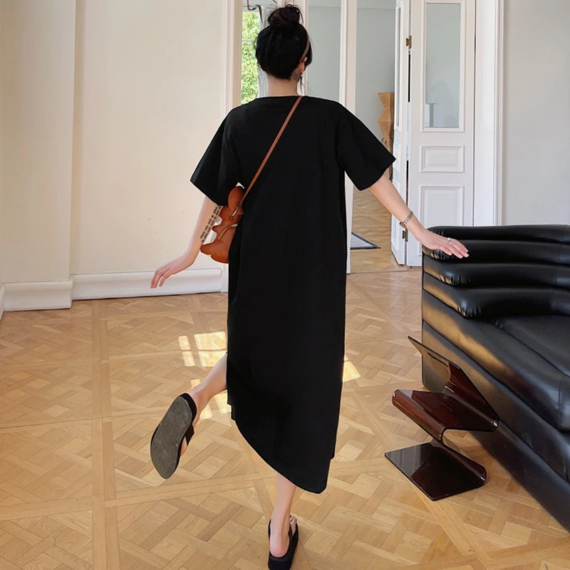 Ladies' Lazy Style Knee-Length T-Shirt Dress Summer Loose plus Size Butt Covering Korean Version Mid-Length Over-Knee Dress