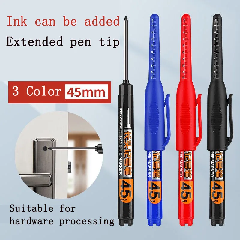 3pcs 45mm Tip Deep Hole Long Nib Head Markers Deep Drill Hole Long Nib Scriber Multifunction Carpentry Marker Pen black blue red