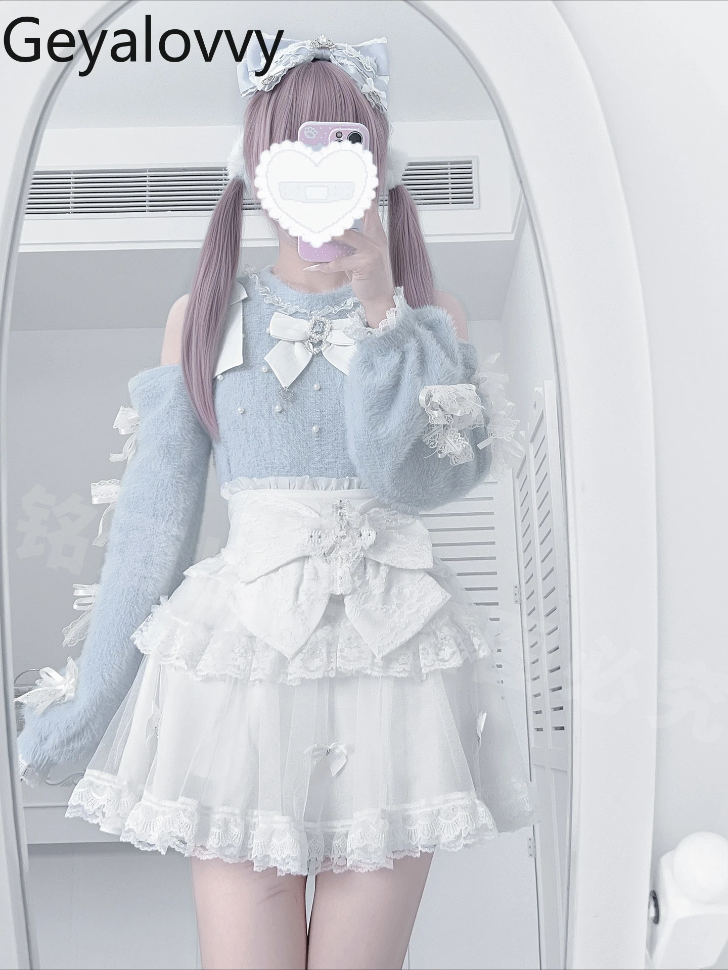 

Japanese Y2K Subculture Sweet Cute Girls Pink Watercolor Short Off-Shoulder Sweater and High-Waisted Skirt Two-Piece Set