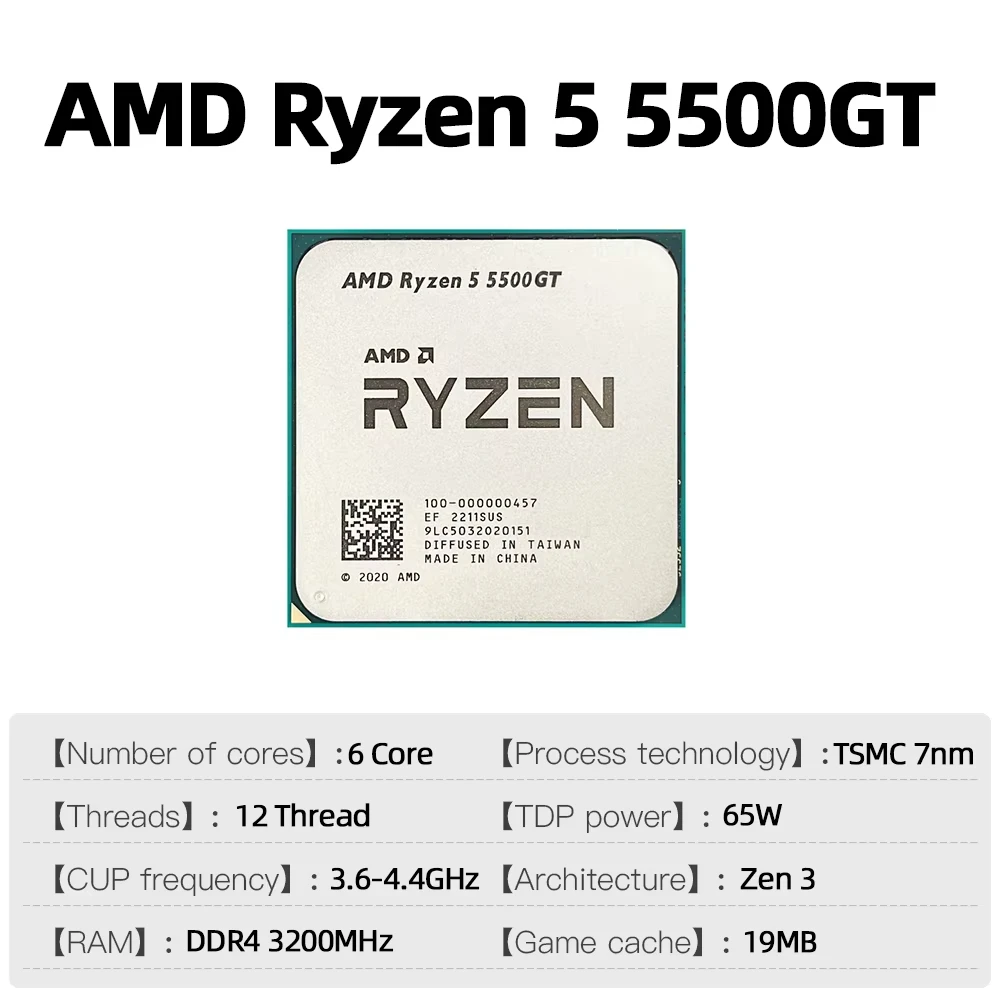 AMD Ryzen 5 5500GT 3.6 GHz 6-core Processor 12-Thread 65W CPU L3=16M Socket AM4 R5 5500GT 7NM DDR4 CPU Integrated Graphics New