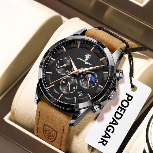 Imagen 2 del producto Reloj de pulsera POEDAGAR de lujo con estilo para hombre, cronógrafo resistente al agua, fecha luminosa, Reloj deportivo de cuarzo de cuero para hombre