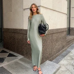 Loose Black Satin Midi Dress for Women Fashion Green O-Neck Long Sleeve Straight Split Ankle Length Dresses Street Clothes