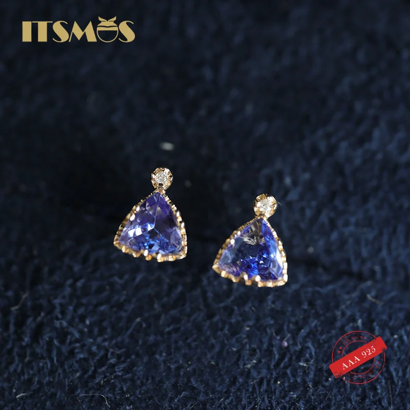 ITSMOS Artificial Tanzanite Triangle s925 Sterling Silver Earirngs 14K Gold Plated Zircon Earrings Luxury Jewelry for Women