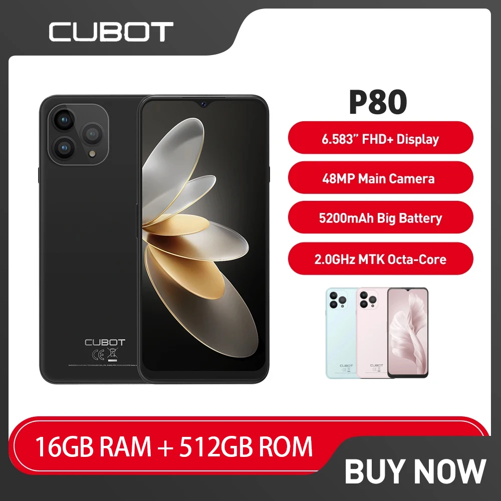 

Original Cubot P80 512GB Global Version Smartphone Android 13 Octa-Core 6.583 Inch FHD+ Screen 48MP+24MP CellPhone 5200mAh NFC