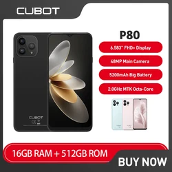 정품 Cubot P80 글로벌 버전 스마트폰, 안드로이드 13, 옥타코어, 6.583 인치 FHD + 화면, 48MP + 24MP 휴대폰, 5200mAh NFC, 512GB