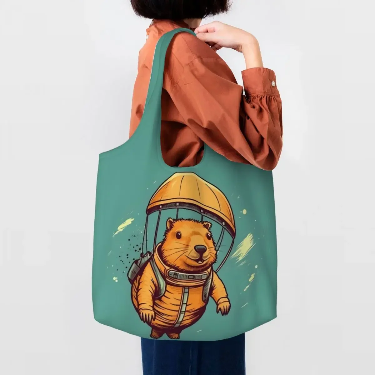 

Custom Cartoon Funny Capybara Parachuting Shopping Tote Bag Recycling Canvas Grocery Shoulder Shopper Bags Photography Handbags