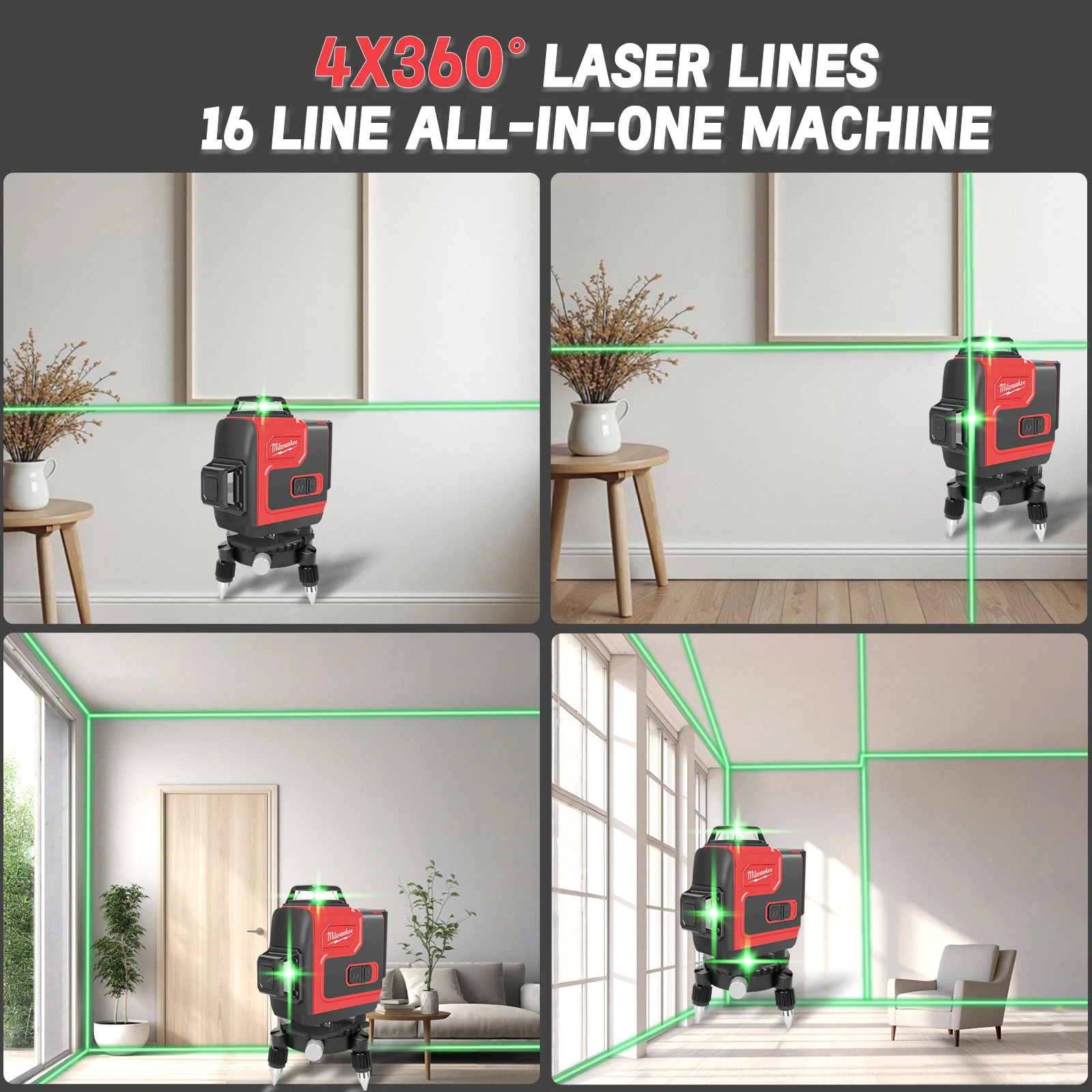 Milwaukee Laser Level 360 tools Green 16 Lines 4D Self Leveling 360 Horizontal And Vertical Super Powerful Beam construction