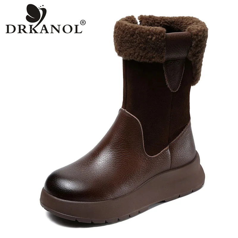 DRKANOL Women Winter Plush Warm Snow Boots Side Zipper Thick Sole Wedges Platform Genuine Leather Mid Calf Boots Big Size 35-42