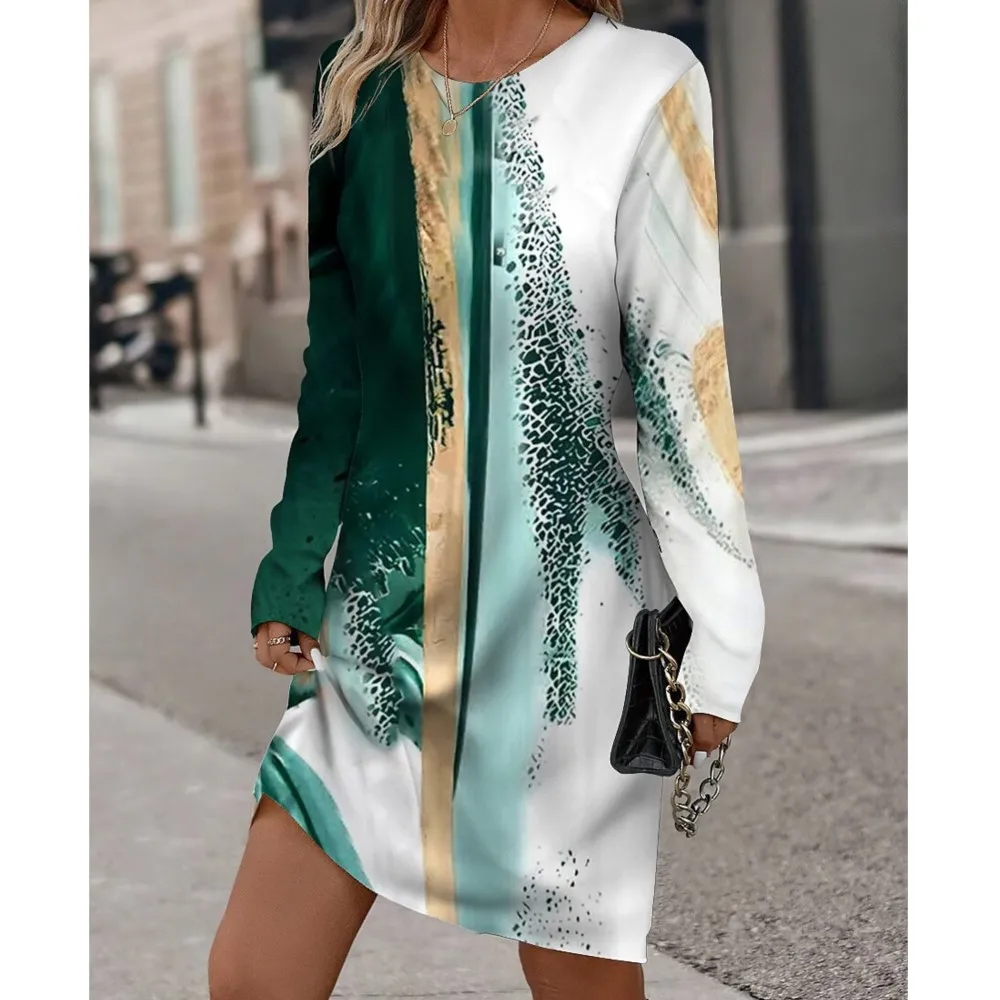 Women's Casual Dress Elegant 3D Floral Print Round Neck Long Sleeved Versatile T-shirt 2025 Spring Ladies Pullover Mini Dresses