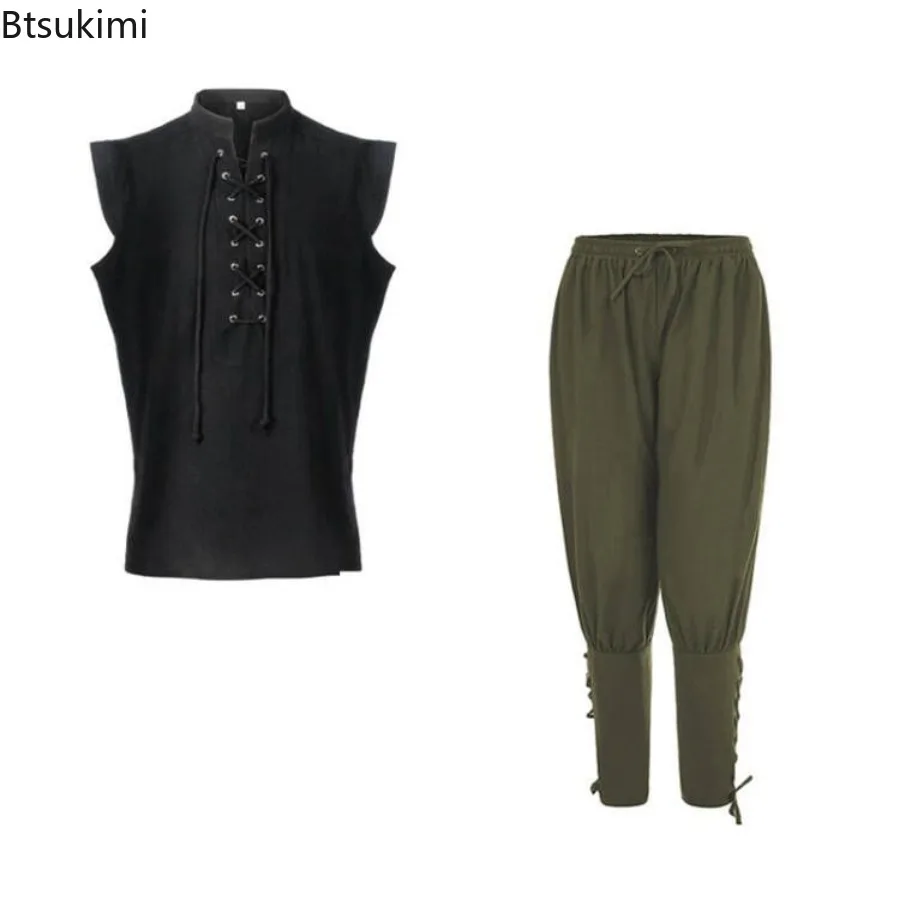 2025 Medieval Men's Cotton Linen 2pc Sets Renaissance Victorian Men Lace-up Stand Collar Tops Pants Casual Suit Cosplay Costumes
