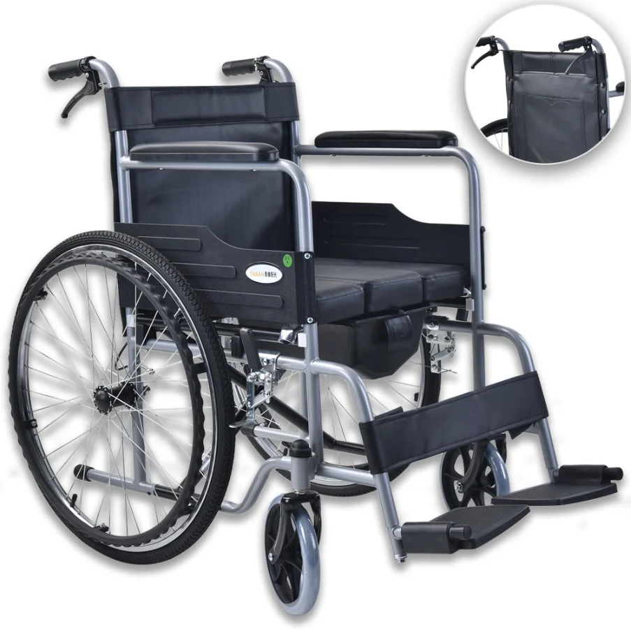 Handbrake Steel Frame Manual Wheelchair Leather Pad Safe Belt Portable Toilet Folding Commode Chair for Elderly Patients 100kg